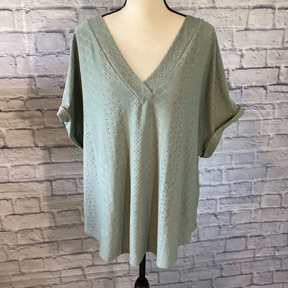 Shein Curve - Women's Sage Green V-Neck Top - 3XL